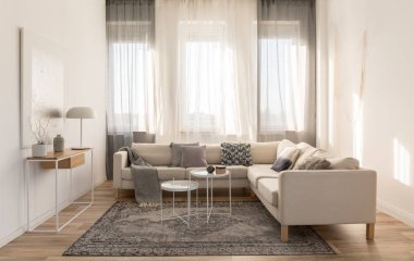 Köşe kanepe ve iki kahve tablo ile bej gri ve beyaz oturma odası iç tasarım