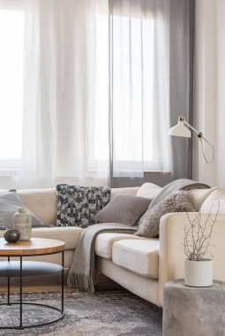 Yastık ve battaniye moda oturma odasında rahat kanepede