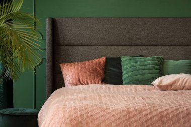 Pastel pembe ve zümrüt rahat kral boy yatak yatak başı, kopya alanı boş duvar ile yatak takımları