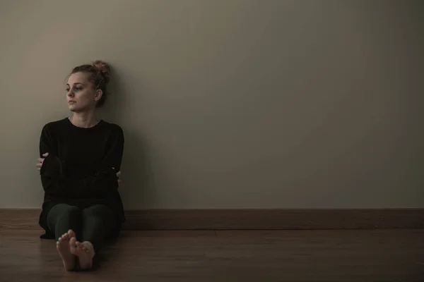 Picture Sad Teenage Girl Suffering Loneliness Sitting Alone Floor Copy — Stock Photo, Image