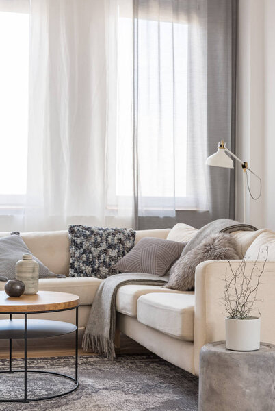 Pillows and blanket on comfortable couch in trendy living room