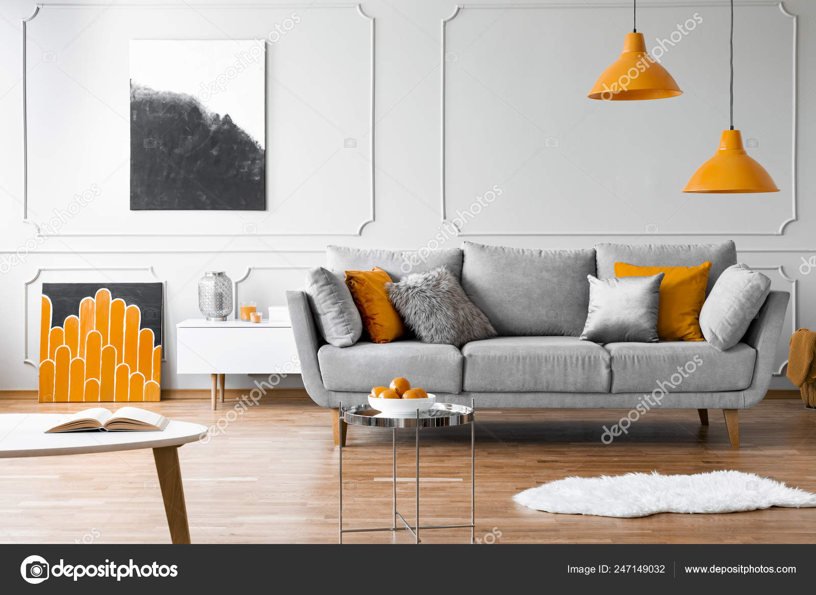 Orange Lamps Grey Couch Living Room Interior Posters Silver Table Stock Photo C Photographee Eu 247149032