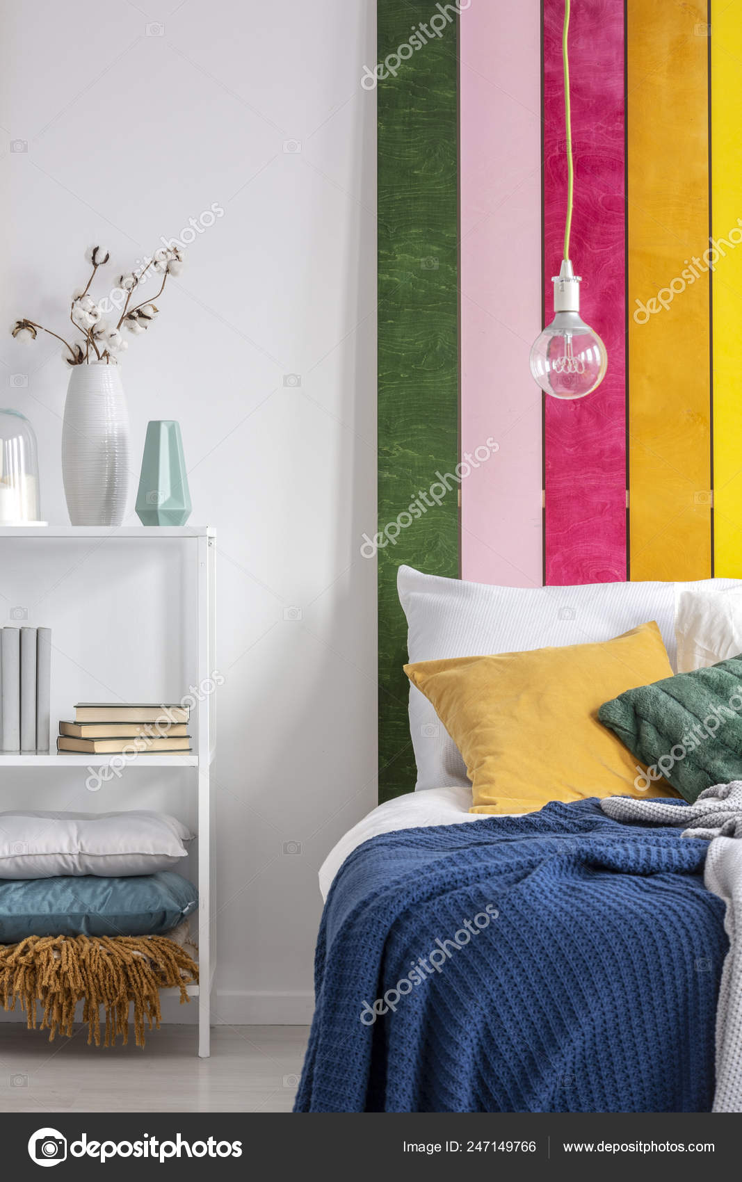 Real Photo Bare Light Bulb Hanging White Bed Yellow Pillow