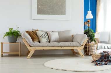 Gri İskandinav kanepe ile şık oturma odasının katında beyaz yuvarlak yün halı