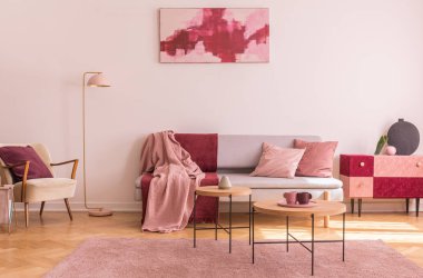 Klas koltuk ve şık kanepe ile şık oturma odası iç boş beyaz duvar soyut Bordo ve pastel pembe boyama