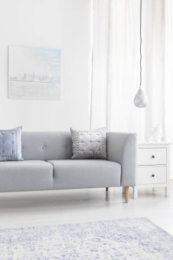 Poster ve halı ile minimal oturma odası iç lamba yakın minderler ile gri kanepe. Gerçek fotoğraf