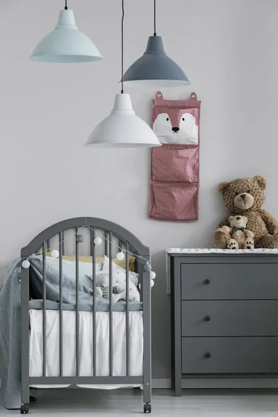 Presepe Legno Grigio Interni Della Camera Letto Del Bambino Scandinavo — Foto Stock