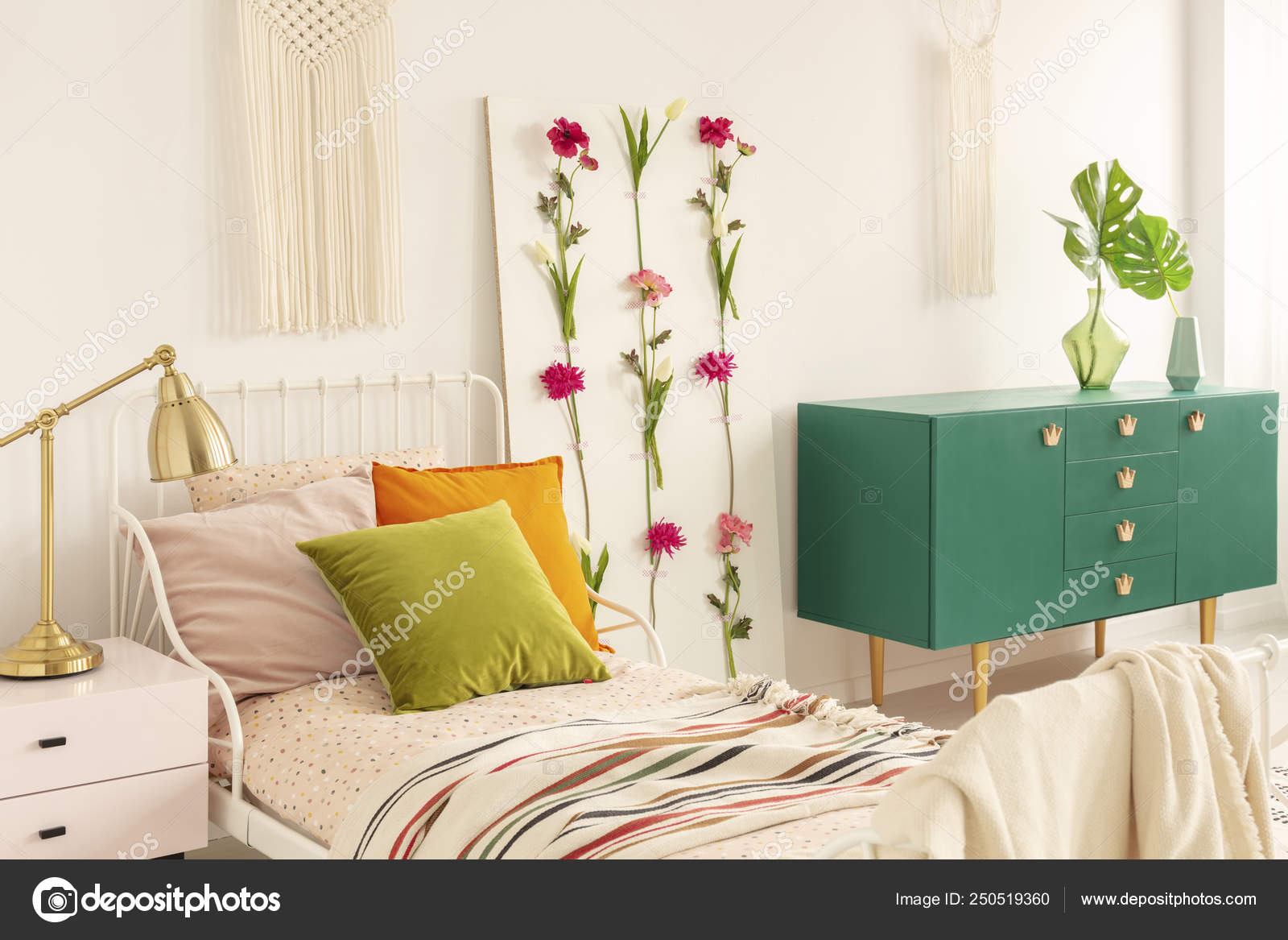 Flower Board Between Single Bed With Olive Green Orange And