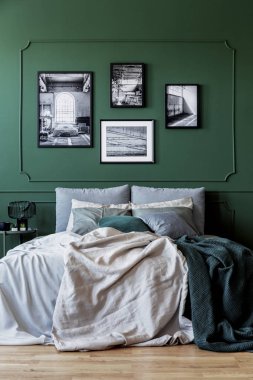 Çift kişilik yatak ile trendy yatak odası iç poster Galerisi ile yeşil duvar