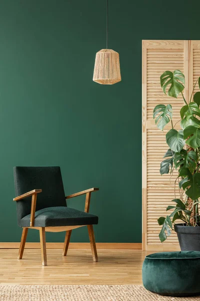 Rotan fauteuil boven retro donkergroene fauteuil, kopieerruimte op de lege groene muur — Stockfoto