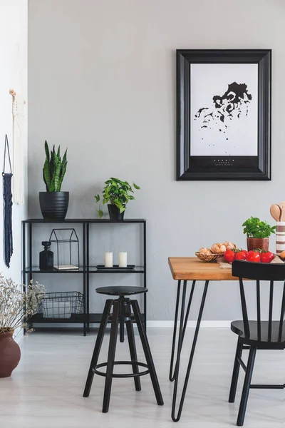 Prawdziwe zdjęcie czarnego stołka i półki z roślinami w jadalni wnętrze — Zdjęcie stockowe