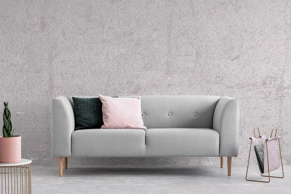 Kissen auf grauer Couch im minimalistischen Wohnzimmerinterieur mit Pflanze auf goldenem Tisch. echtes Foto — Stockfoto
