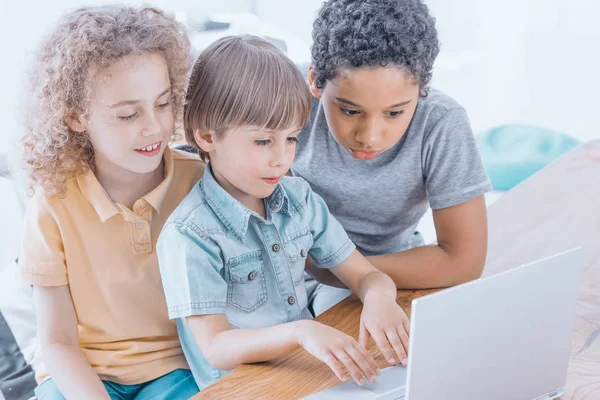 Grupo de niños inteligentes que aprenden juntos a usar la computadora — Foto de Stock