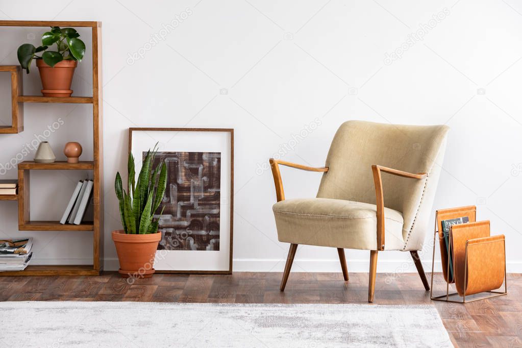 Beige armchair next to poster and plant in white apartment interior with carpet and shelves. Real photo