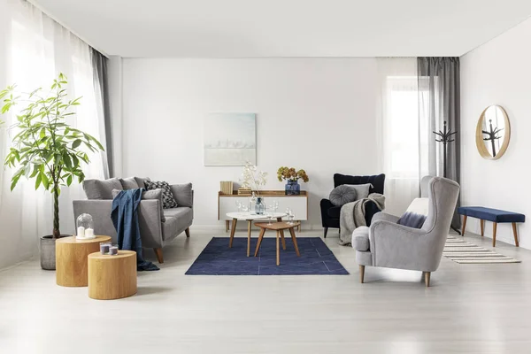 宽敞的灰色和深蓝色斯堪的纳维亚客厅内部 — 图库照片