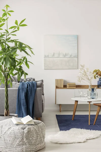 Aufgeschlagenes Buch über bequemen Hocker in weiß, grau und marineblauen Wohnzimmerinterieur mit großer grüner Pflanze — Stockfoto