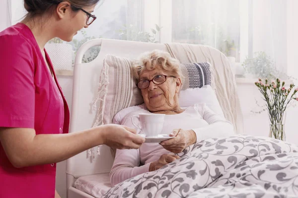 Позитивный пожилой пациент лежит на больничной койке с полезной медсестрой в розовой форме на ее сайте — стоковое фото