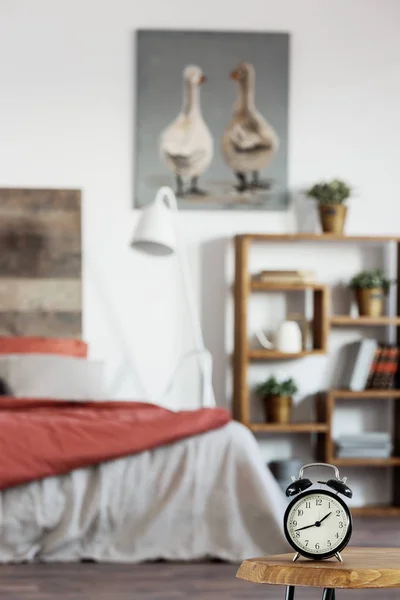 Cartaz rústico com dois patos, estante de madeira e cama de casal com almofadas e edredão — Fotografia de Stock