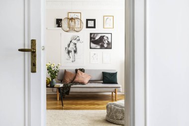 Gri kanepe ve yastıklar ile şık oturma odası iç beyaz duvar poster Galerisi