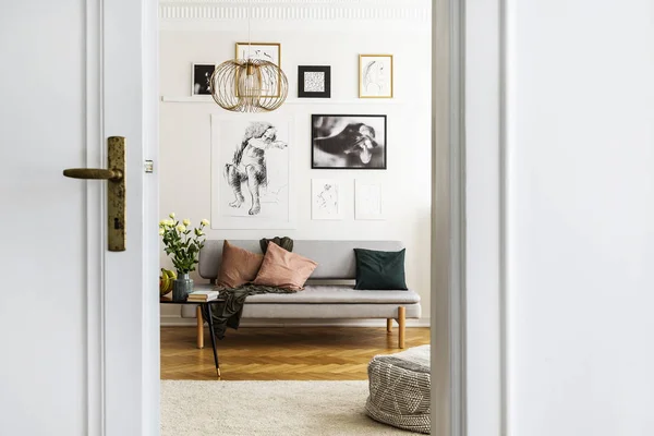 Galería de póster en la pared blanca de la elegante sala de estar interior con sofá gris y almohadas — Foto de Stock