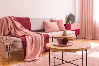 Şık oturma odasında pastel pembe yastıklar ve bordo ve pastel pembe battaniyeler ile şık gri kanepe yanında ahşap kahve masasında iki kahve bardağı
