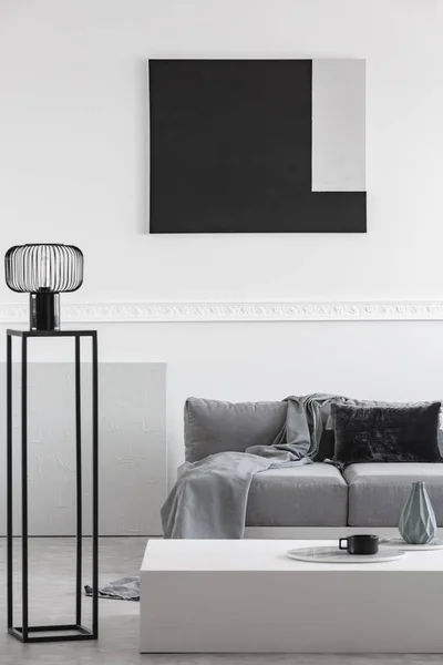 Manta gris y almohada negra en un cómodo sofá en el elegante interior de la sala de estar —  Fotos de Stock