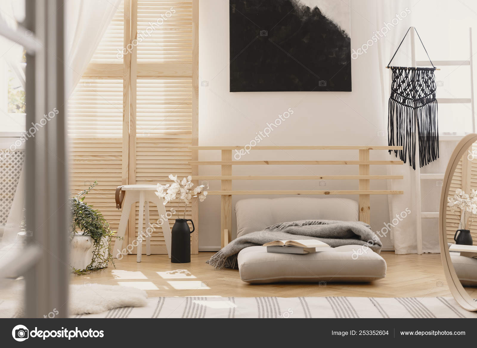 Black Handmade Macrame On White Wooden Ladder In Bright