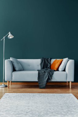 Lamba ve İskandinav kanepe ile basit oturma odası boş duvar üzerinde kopya alanı