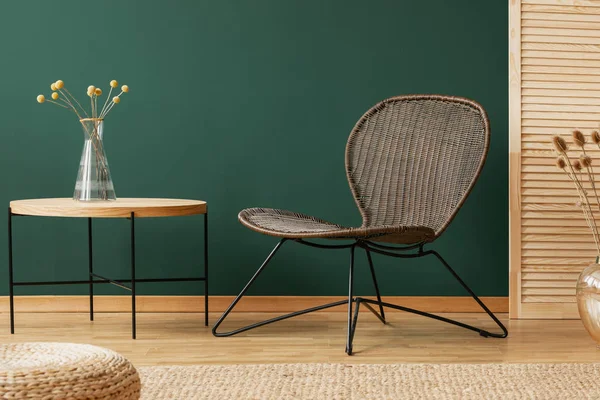 Planta en mesa de madera junto a la silla en el interior moderno salón verde con puf. Foto real —  Fotos de Stock