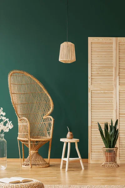 Лампа над столом и кресло из ротанга в зеленом интерьере квартиры с цветами и экраном. Настоящее фото — стоковое фото