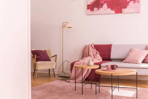 Лампа між кріслом і диваном з рожевою і червоною ковдрою в плоскому інтер'єрі зі столами. Справжня фотографія — стокове фото