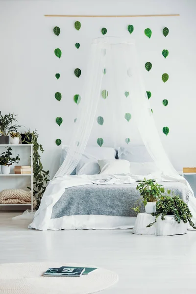 Stijlvolle slaapkamer met Urban Jungle en Canopy King size bed met grijze deken — Stockfoto