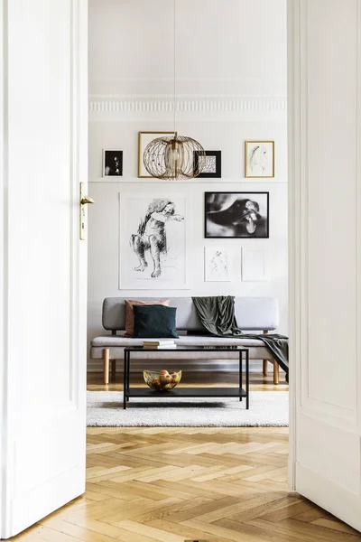 Vista verticale della porta aperta su sofisticati interni di soggiorno con divano grigio, tavolino industriale e lampadario dorato — Foto Stock
