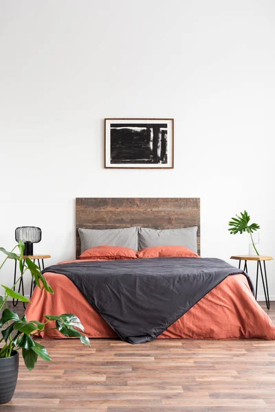 Minimale slaapkamer met houten bed, planten en schilderen — Stockfoto