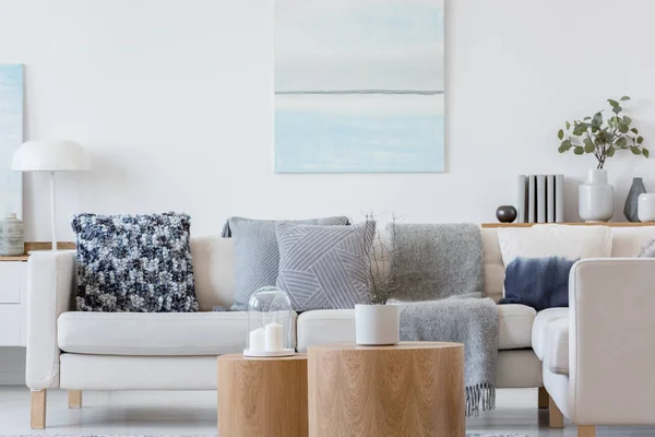 Planta en maceta y velas en vidrio sobre mesitas de madera en salón beige —  Fotos de Stock