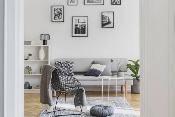 Ozdobný černý kovový křeslo s šedou přikrývkou vedle šedého pufu v módní obývací místnosti — Stock fotografie