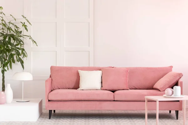 Jarrones de color rosa pastel y blanco y tazas de café en la pequeña mesa en el interior de la sala de estar rosa con cómodo sofá — Foto de Stock