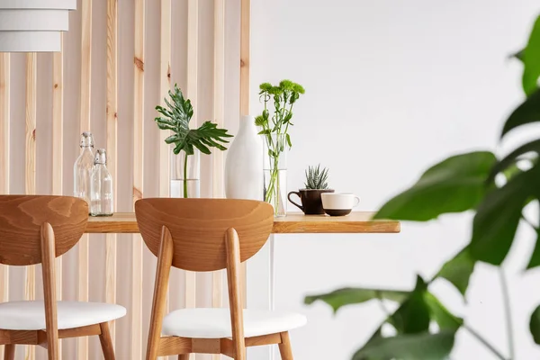 Groene blaadjes in vazen op lange houten tafel in trendy witte eetkamer — Stockfoto