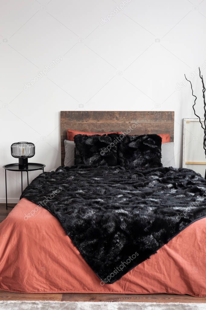 Contemporary bedroom with black blanket and coral bedsheets