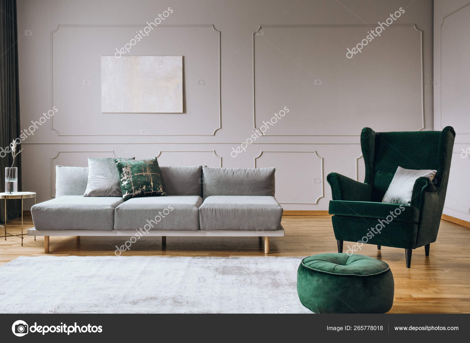 Emerald green and 2024 gray living room