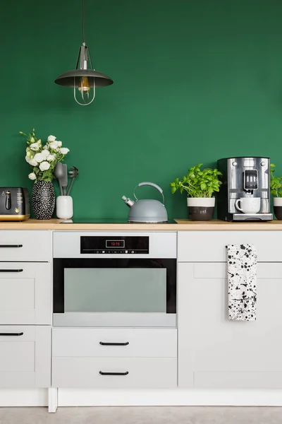 Rozen in vaas, kruiden in pot en koffiezetapparaat op de keuken teller — Stockfoto