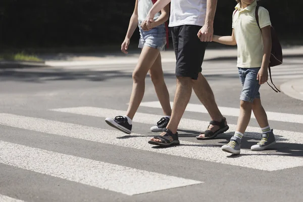 Padre cogido de la mano con sus hijos mientras en el cruce peatonal —  Fotos de Stock