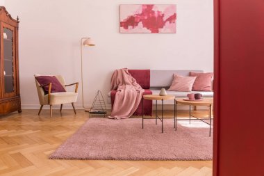 Poster ile düz iç kırmızı ve pembe battaniye ile lamba ve kanepe yanında Koltuk. Gerçek fotoğraf