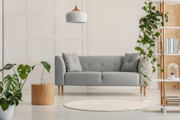 Salon intérieur moderne avec canapé gris et table basse en bois — Photo