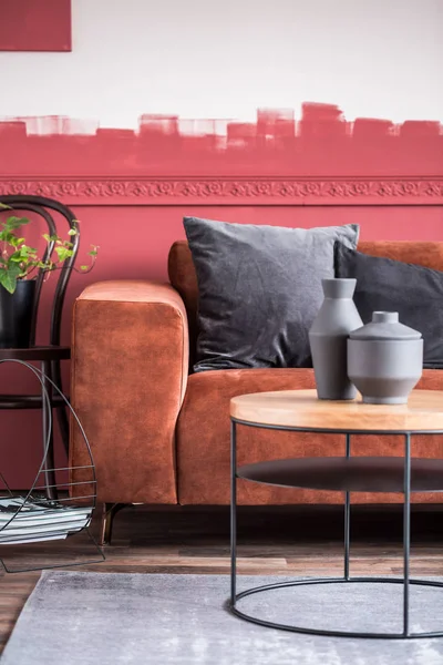 Elegante soggiorno interno con divano marrone e parete ombrosa bianca e rossa — Foto Stock