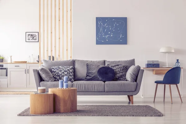 Parede de mullins de madeira em plano aberto brilhante apartamento estúdio com cozinha e sala de estar — Fotografia de Stock