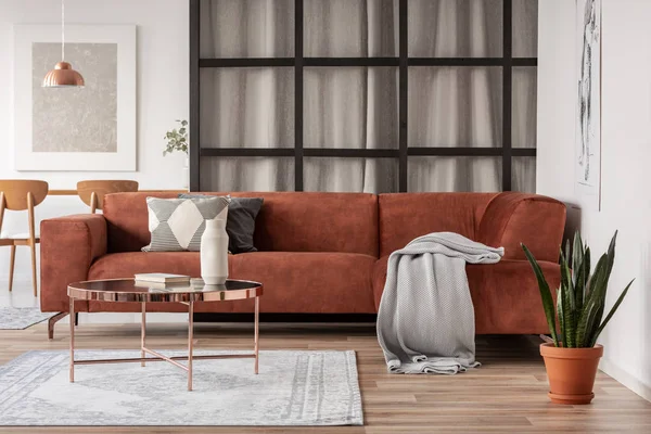 Sofá de canto marrom elegante com almofadas estampadas em elegante sala de estar interior com mullions parede — Fotografia de Stock