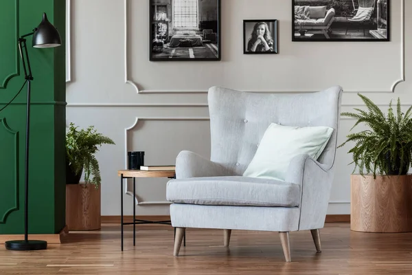 Cómodo sillón gris con almohada acogedora en el interior de la sala de estar de moda con carteles en blanco y negro en la pared — Foto de Stock