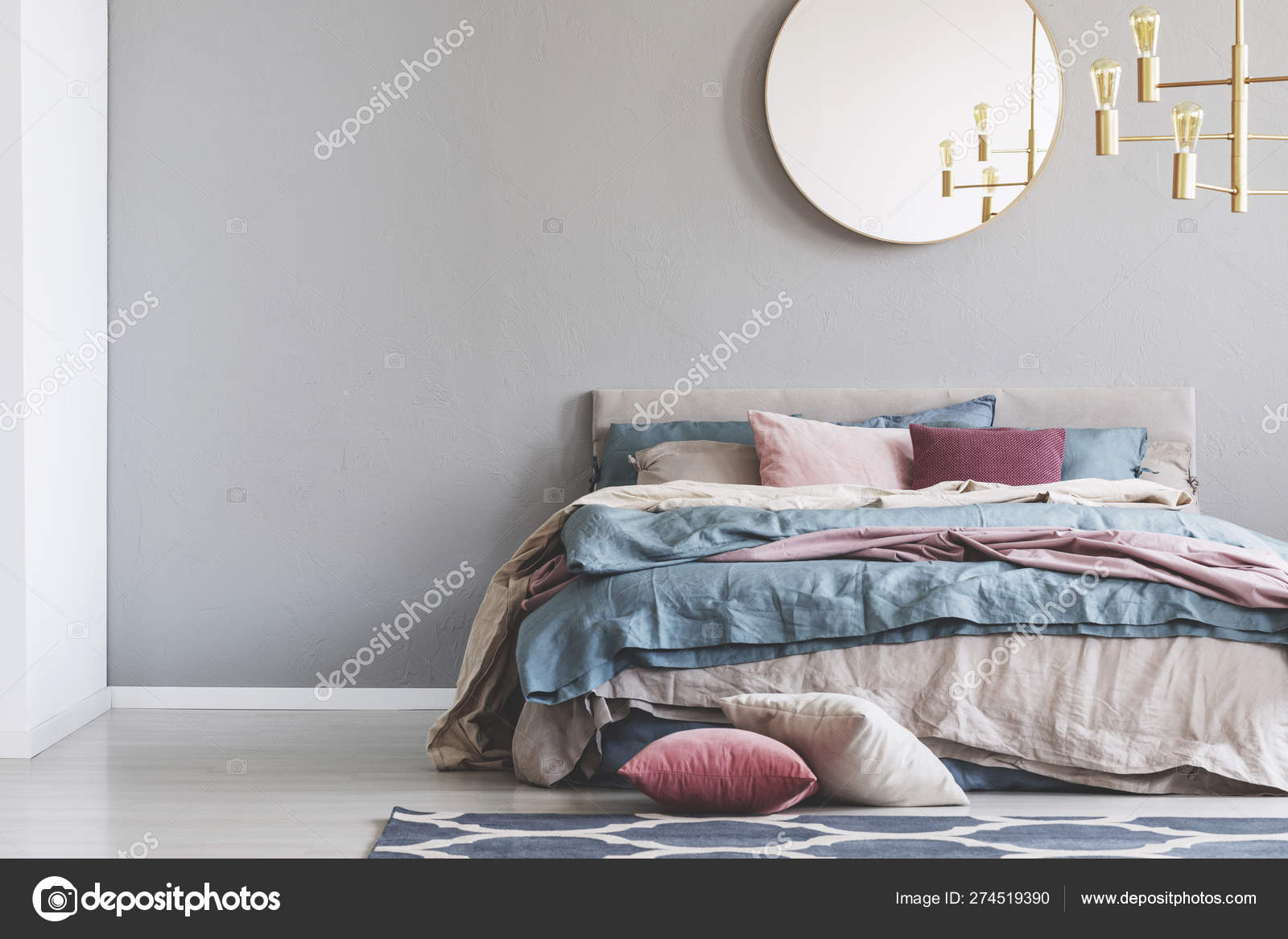 Chick Round Mirror On Grey Empty Copy Space Wall In Elegant