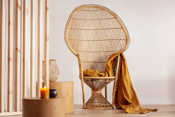 Cadeira de pavão de vime no interior elegante da sala de estar — Fotografia de Stock